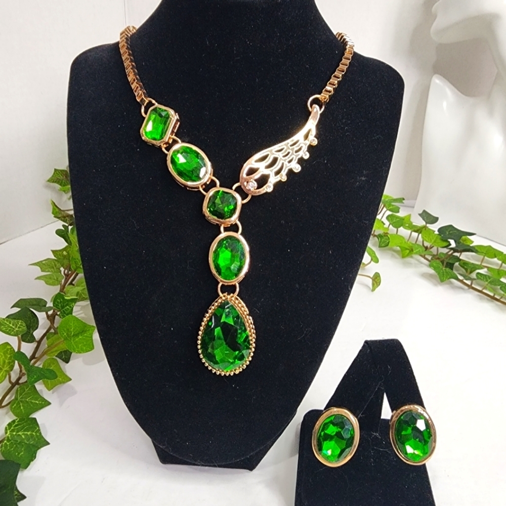 Gold with Emerald Green Crystal Y Necklace Earrings Set